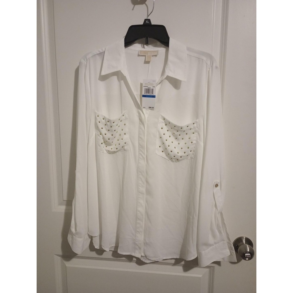 Michael Michael Kors Women’s XL White Blouse Studded Pockets Roll Tab NWT